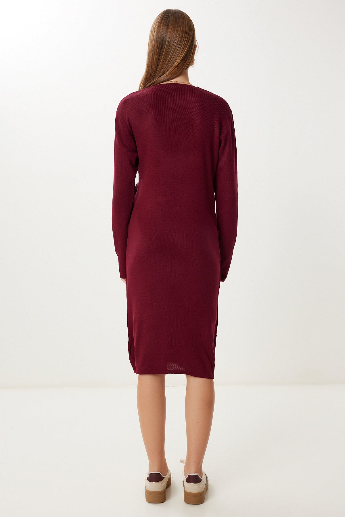 Bordo Kruvaze Yaka Triko Elbise PF00115