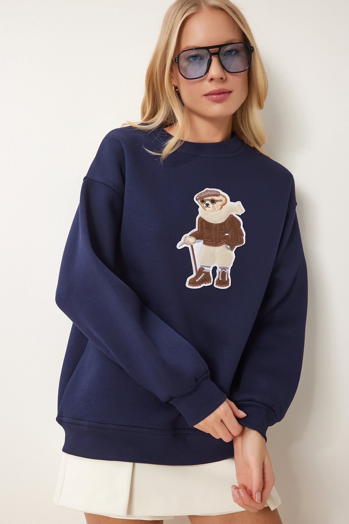 Lacivert Ayıcık Armalı Şardonlu Örme Sweatshirt WE00001
