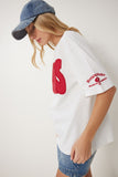 Ekru Sloganlı Boncuk İşlemeli Pamuklu T-Shirt CR00463