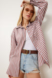 Bordo Gri Çizgili Oversize Dokuma Gömlek DP00259
