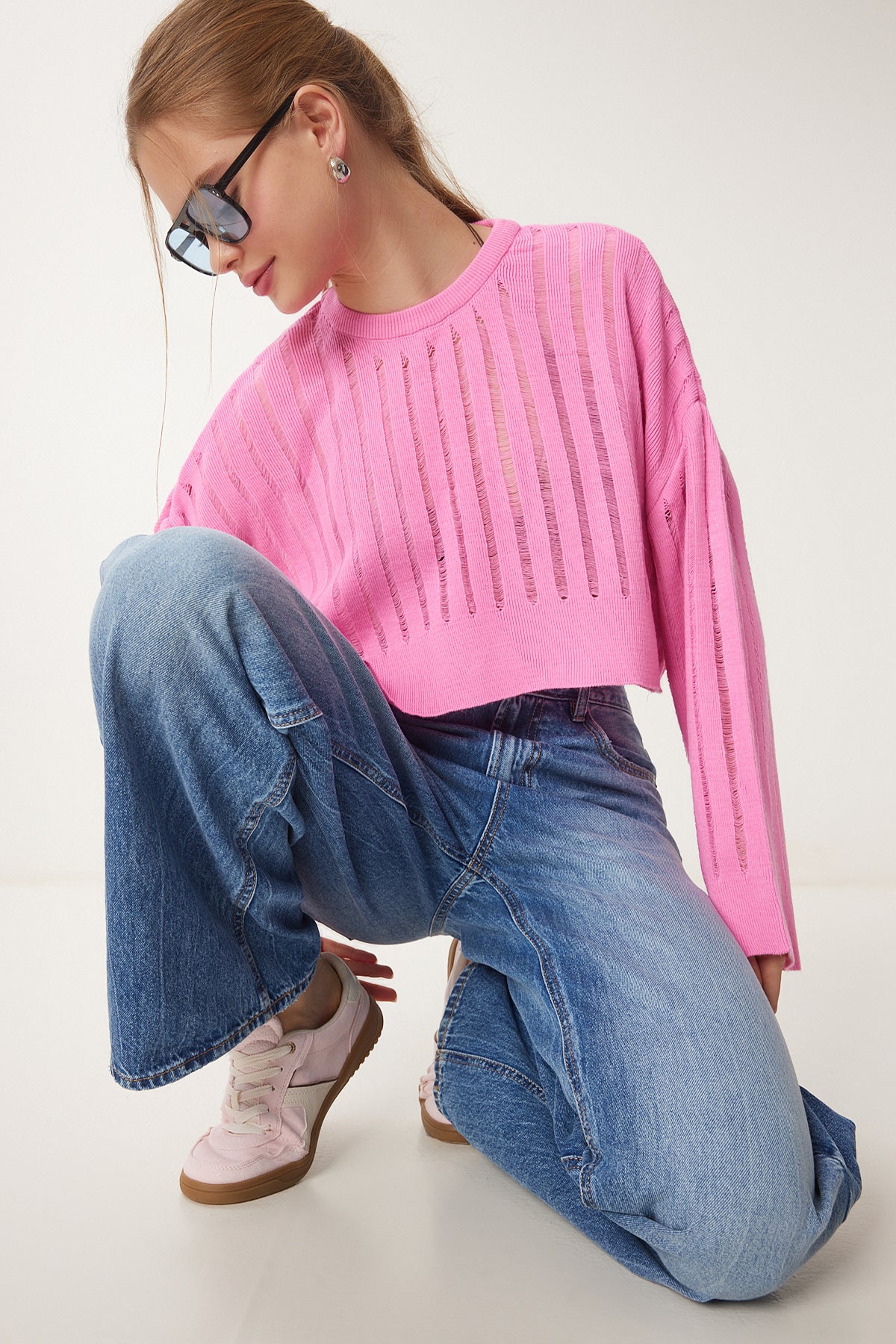 Açık Pembe Ajurlu Crop Triko Kazak MT00147