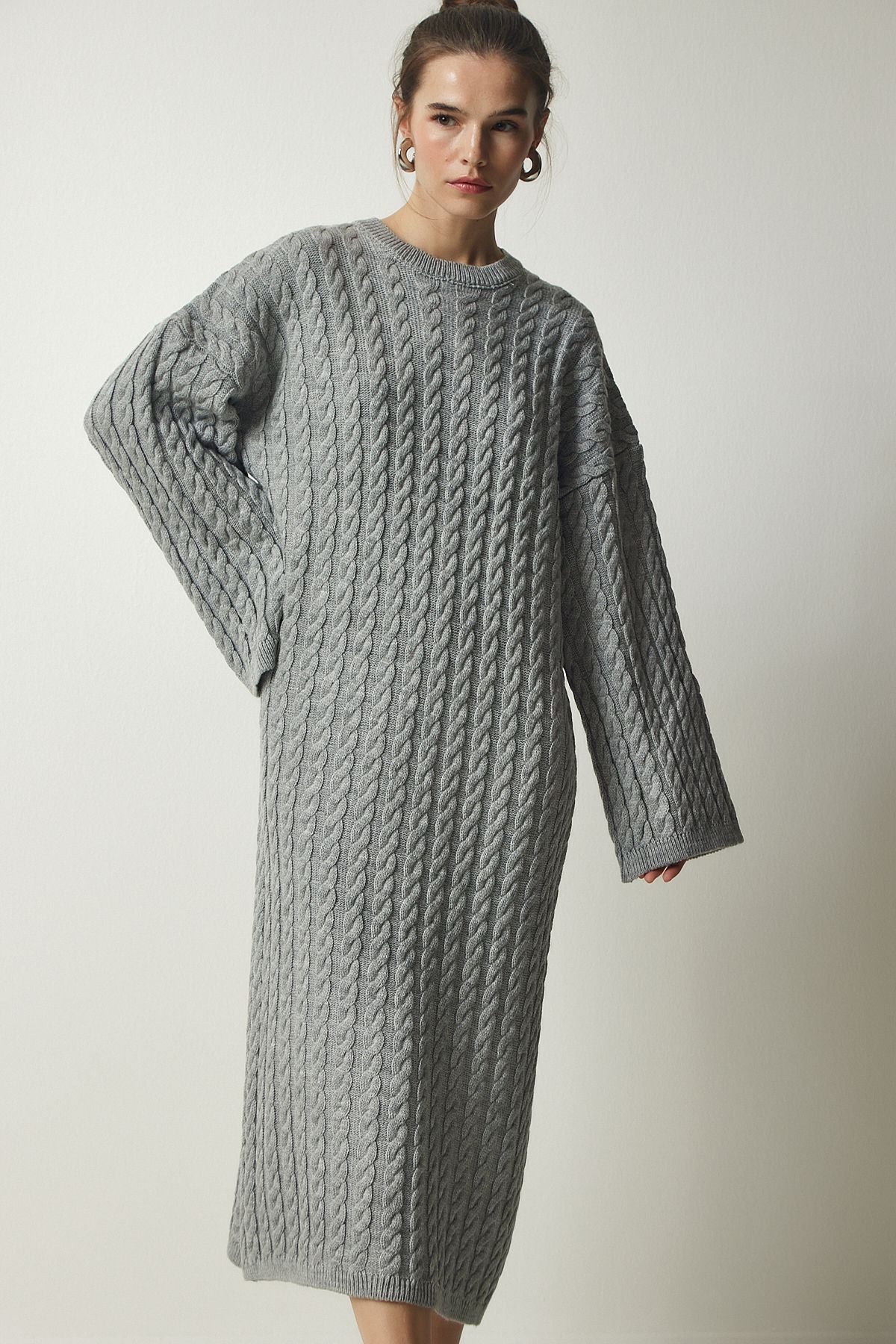 Gri Örgü Detaylı Kalın Oversize Triko Elbise YY00184