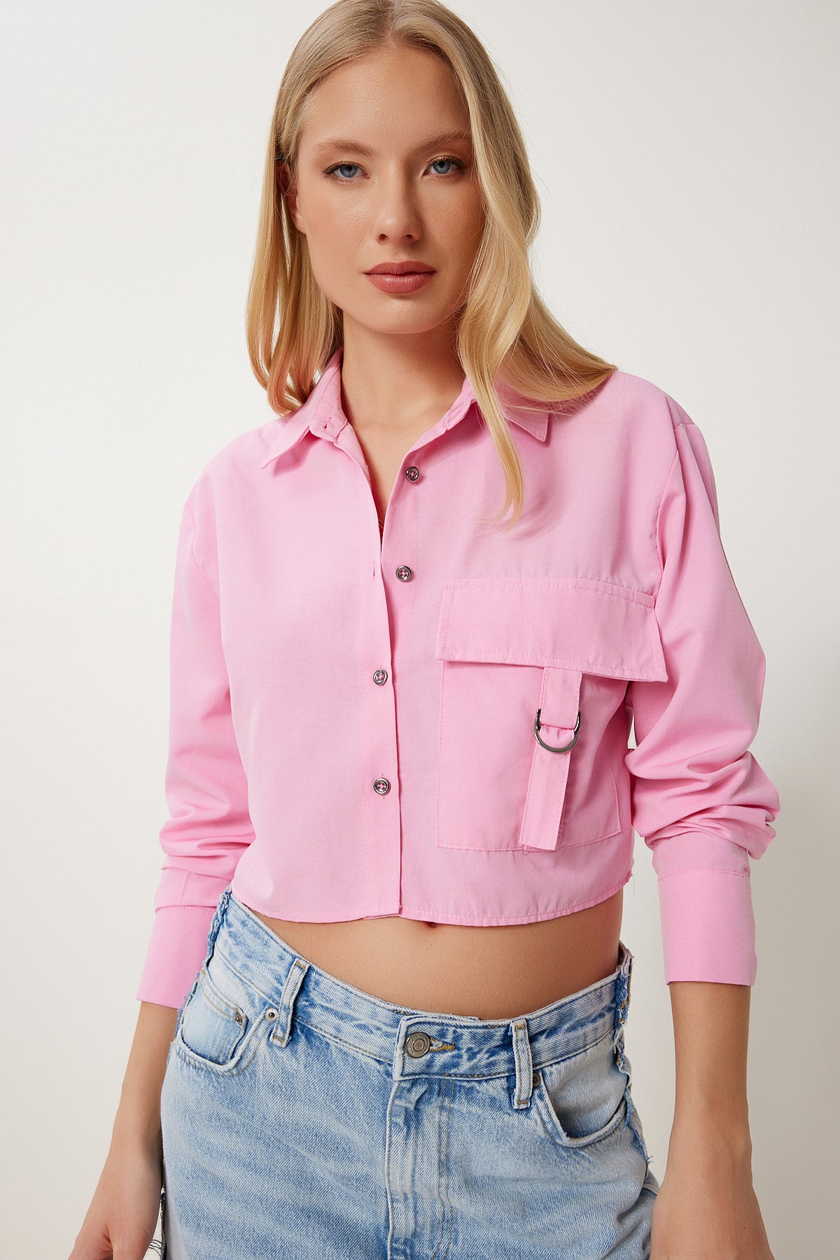 Pembe Cep Detaylı Crop Pamuklu Poplin Gömlek MX00192