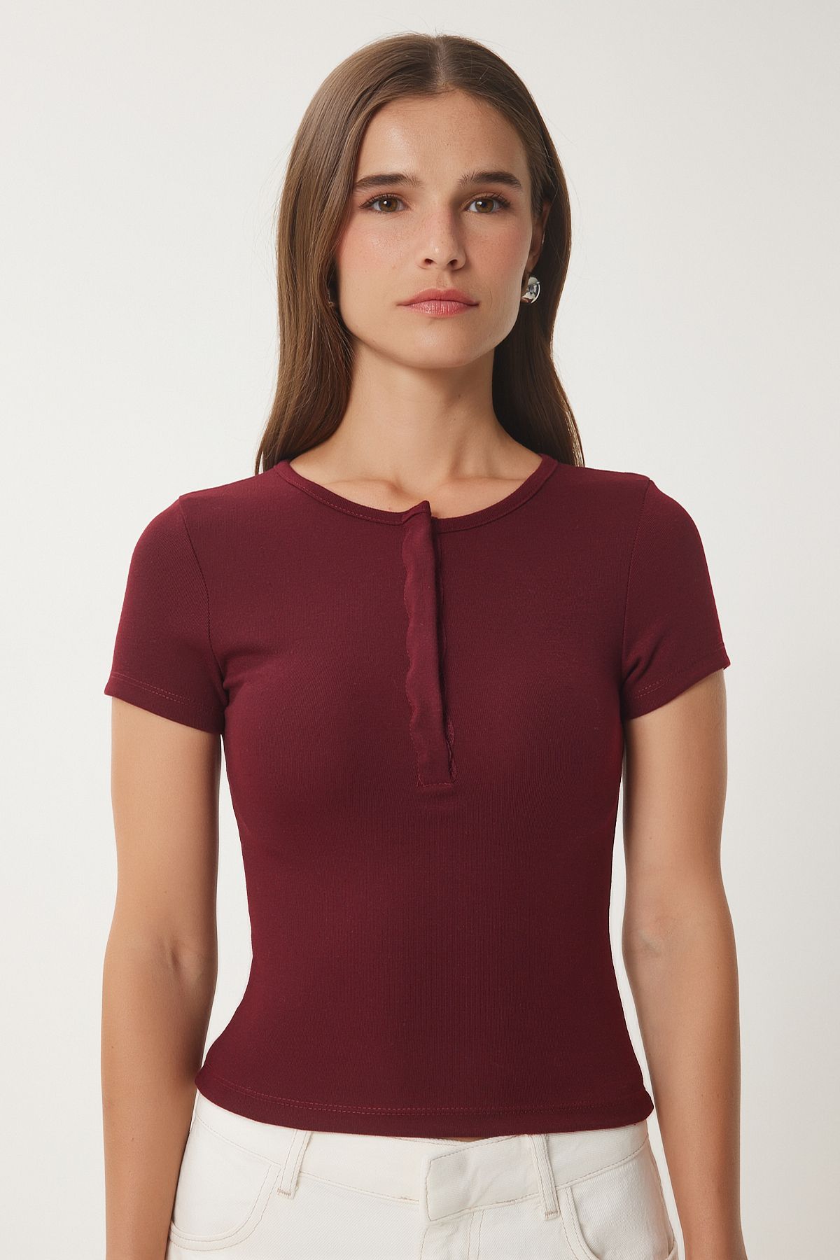 Bordo Çıtçıtlı Basic Örme Crop Bluz FW00004