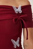 Bordo Carmen Yaka Kelebek Detaylı Örme Bluz FW00008