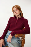 Bordo Polo Yaka Fitilli Örme Triko Kazak PF00119