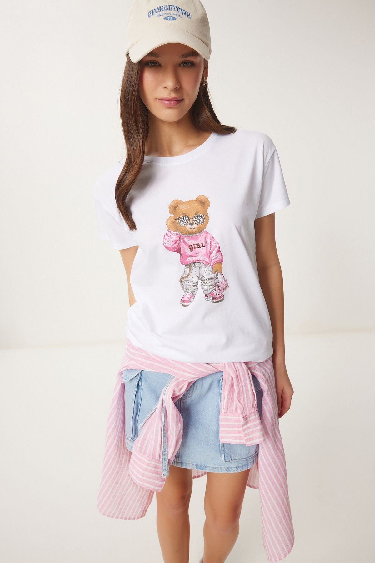 Beyaz Taş Detaylı Ayıcık Baskılı Örme T-Shirt BW00001