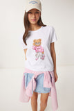 Beyaz Taş Detaylı Ayıcık Baskılı Örme T-Shirt BW00001