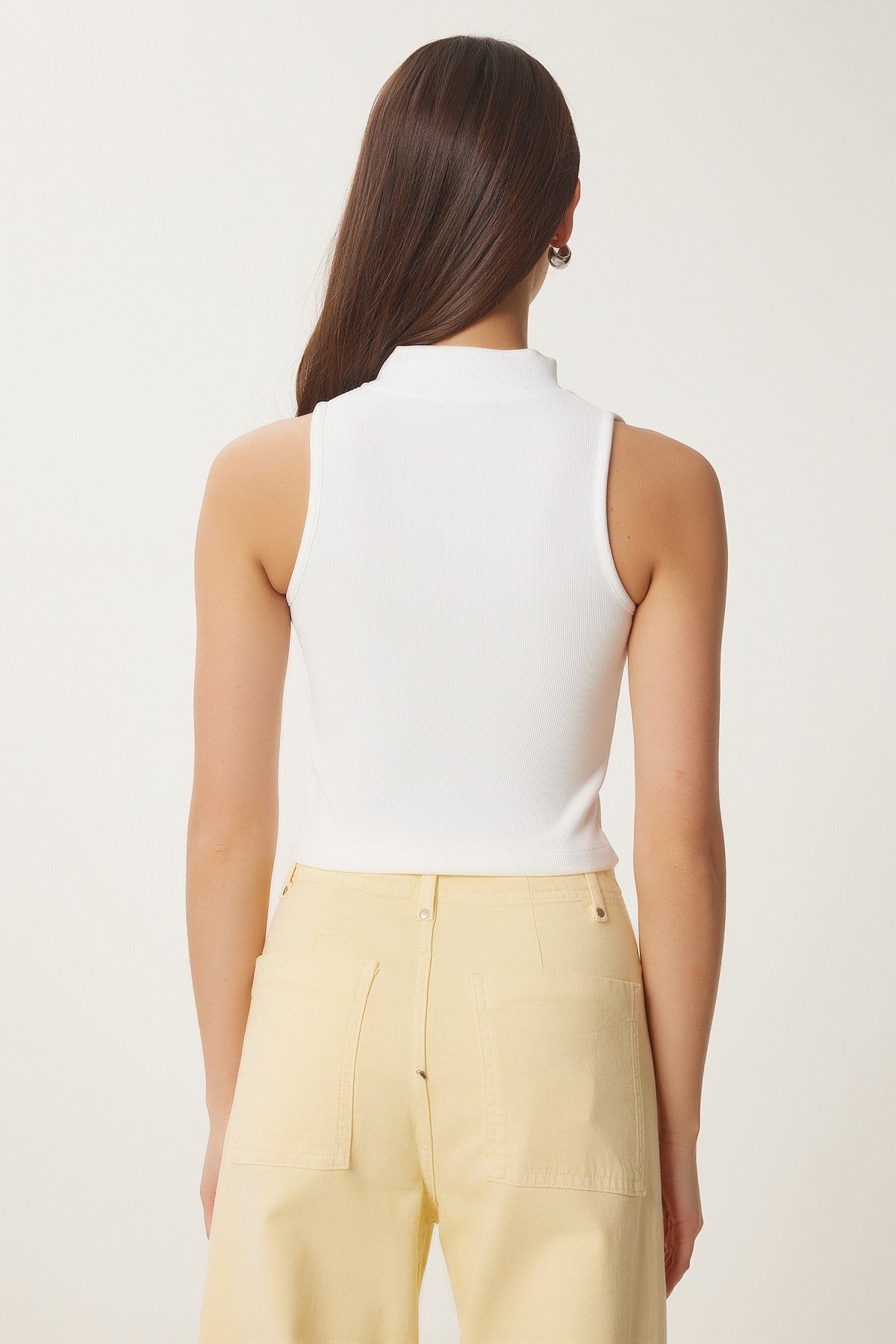 Ekru Fermuarlı Fitilli Crop Bluz KH00100