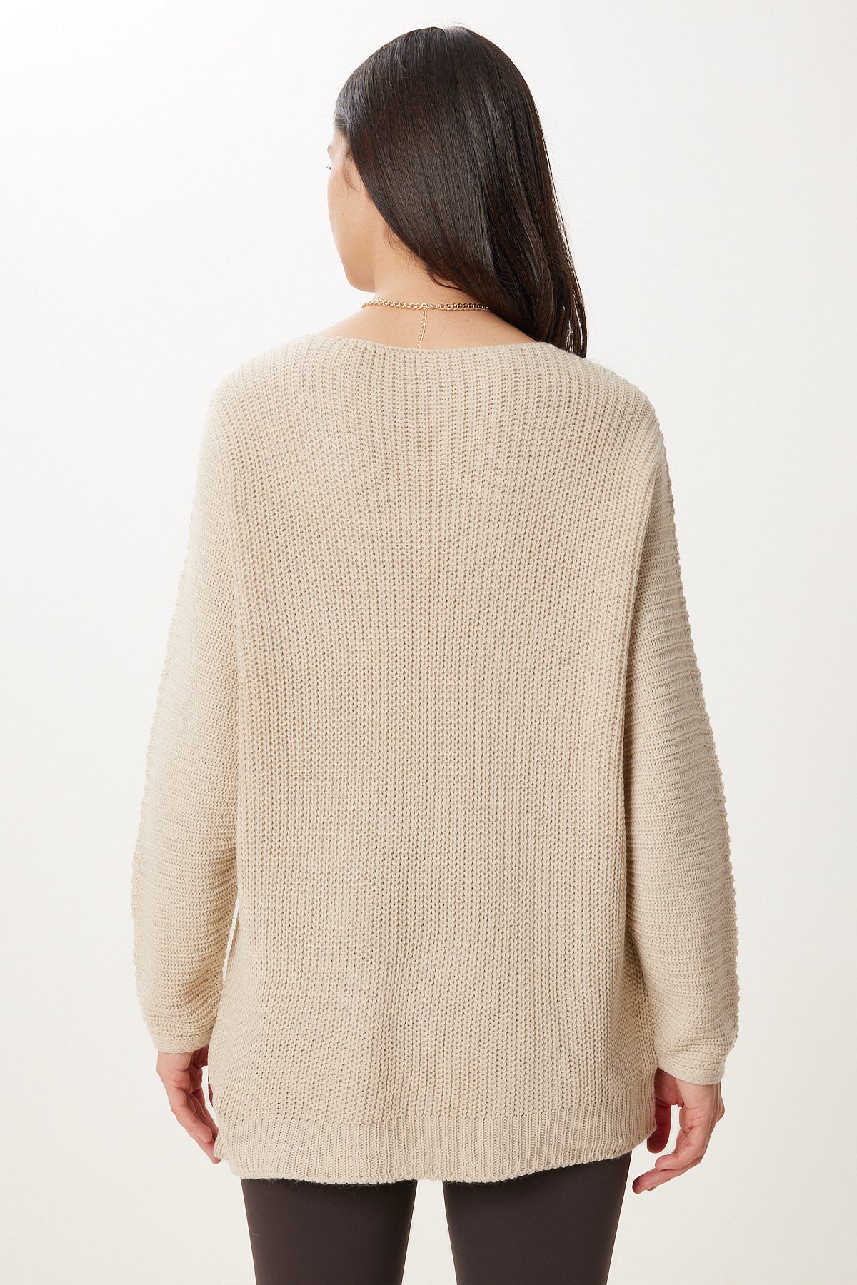 Krem V Yaka Selanik Örgü Oversize Triko Kazak ZA00059