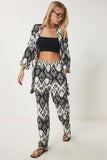Siyah Beyaz Desenli Krinkıl Yazlık Kimono Pantolon Takım ZV00271