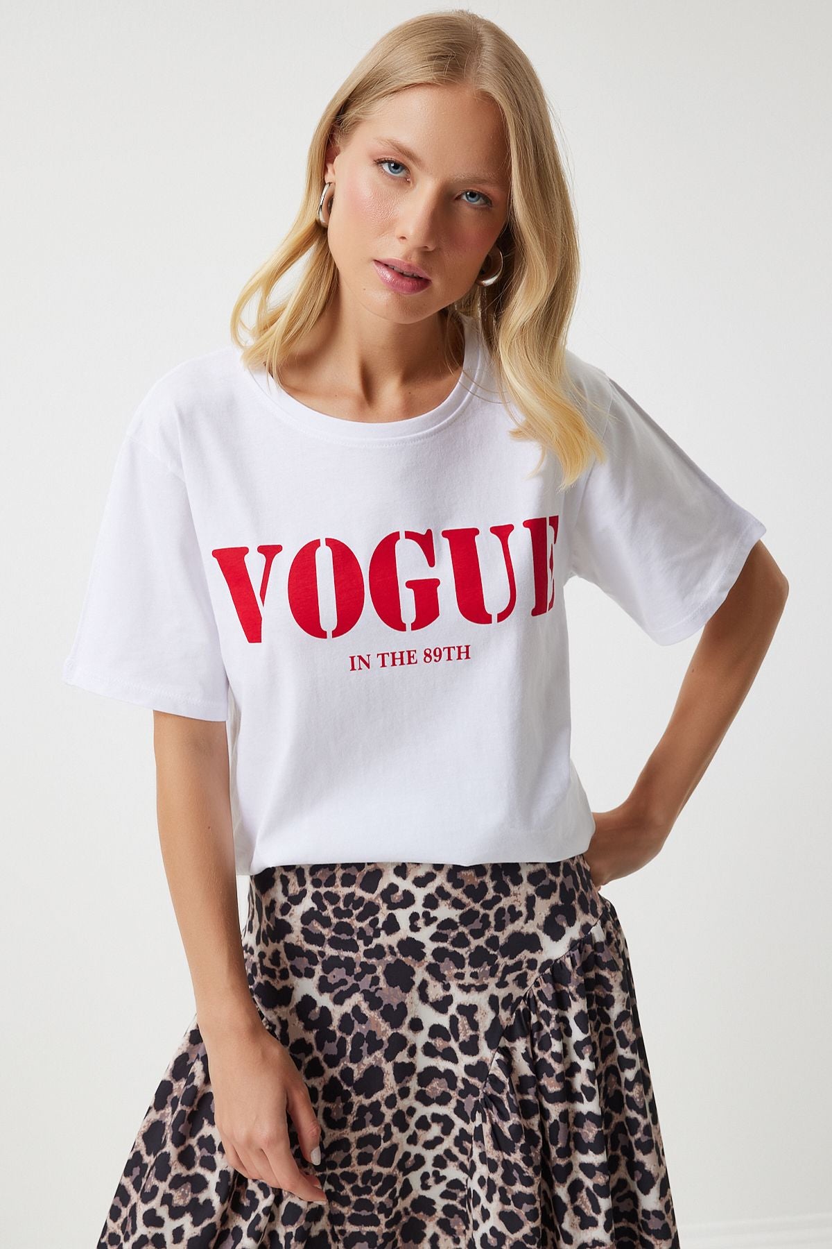 Beyaz Baskılı Pamuklu Örme T-Shirt AN00196