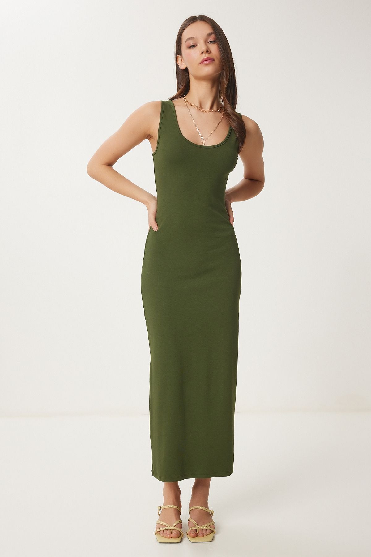 Haki Basic Yazlık Örme Elbise UB00317