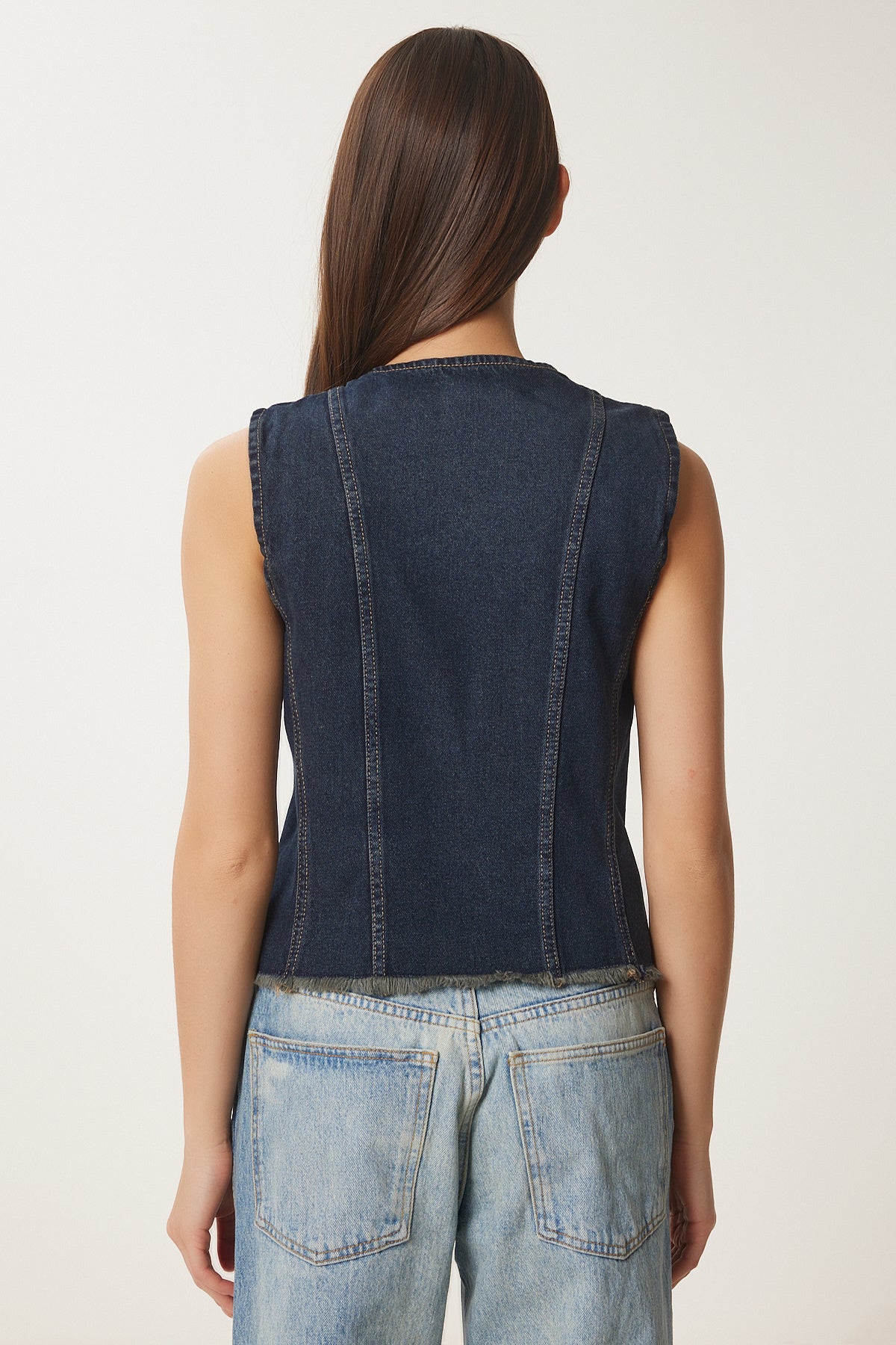 Koyu Lacivert Vücuda Oturan Denim Yelek NS00416