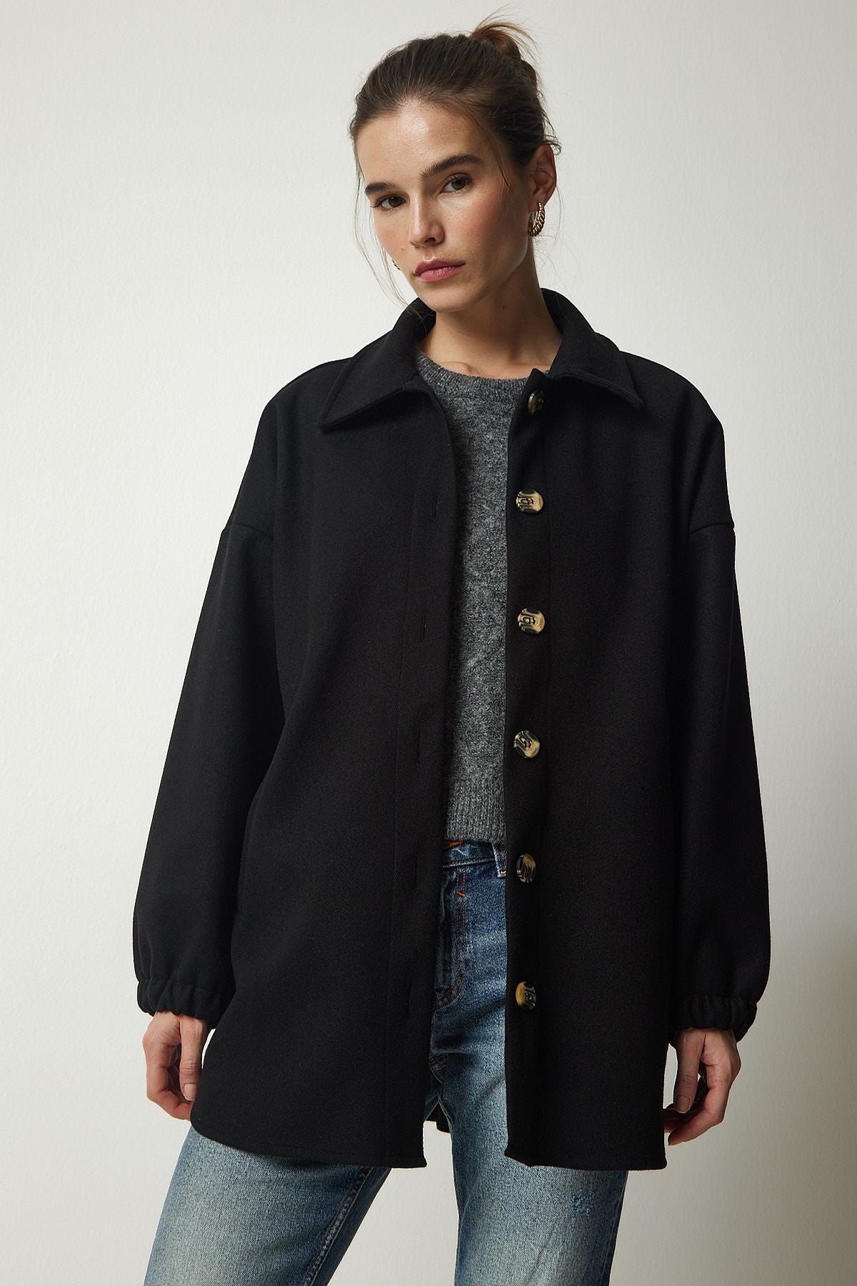 Siyah Düğmeli Cepli Oversize Gömlek Ceket DD01263