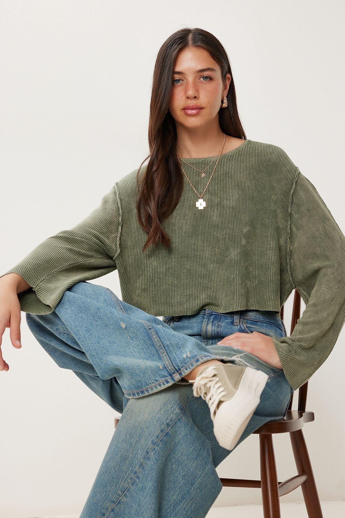 Haki Yıkamalı Crop Triko Kazak NS00459