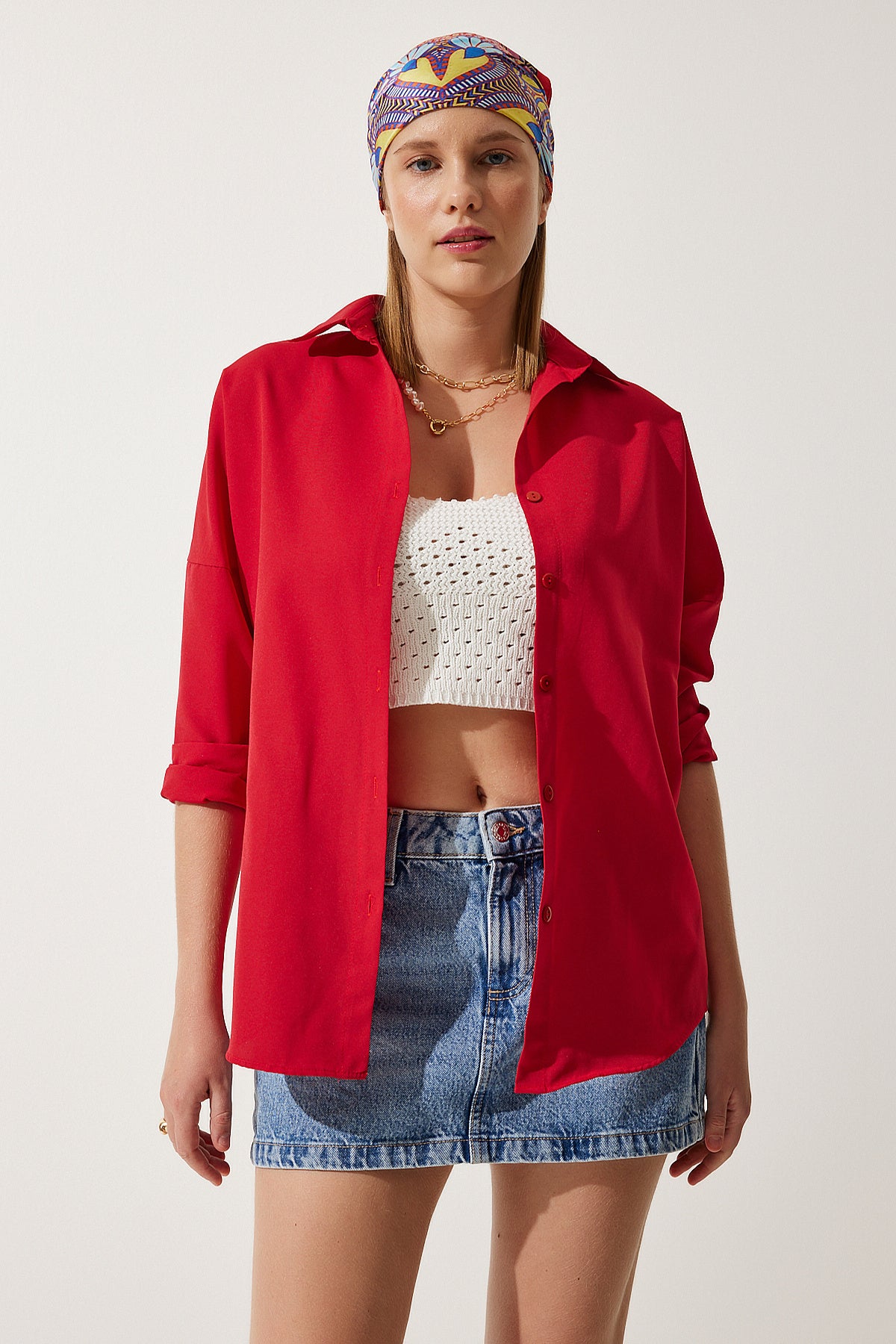 Kırmızı Oversize Uzun Basic Gömlek  DD00842