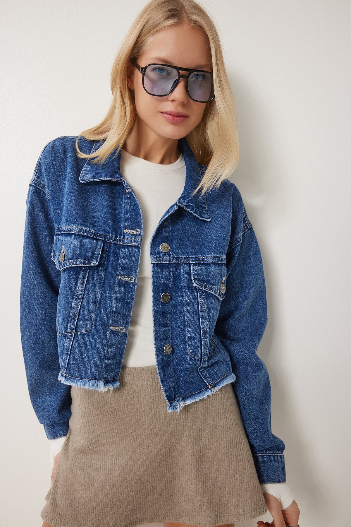Mavi Püskül Detaylı Denim Crop Ceket AN00214