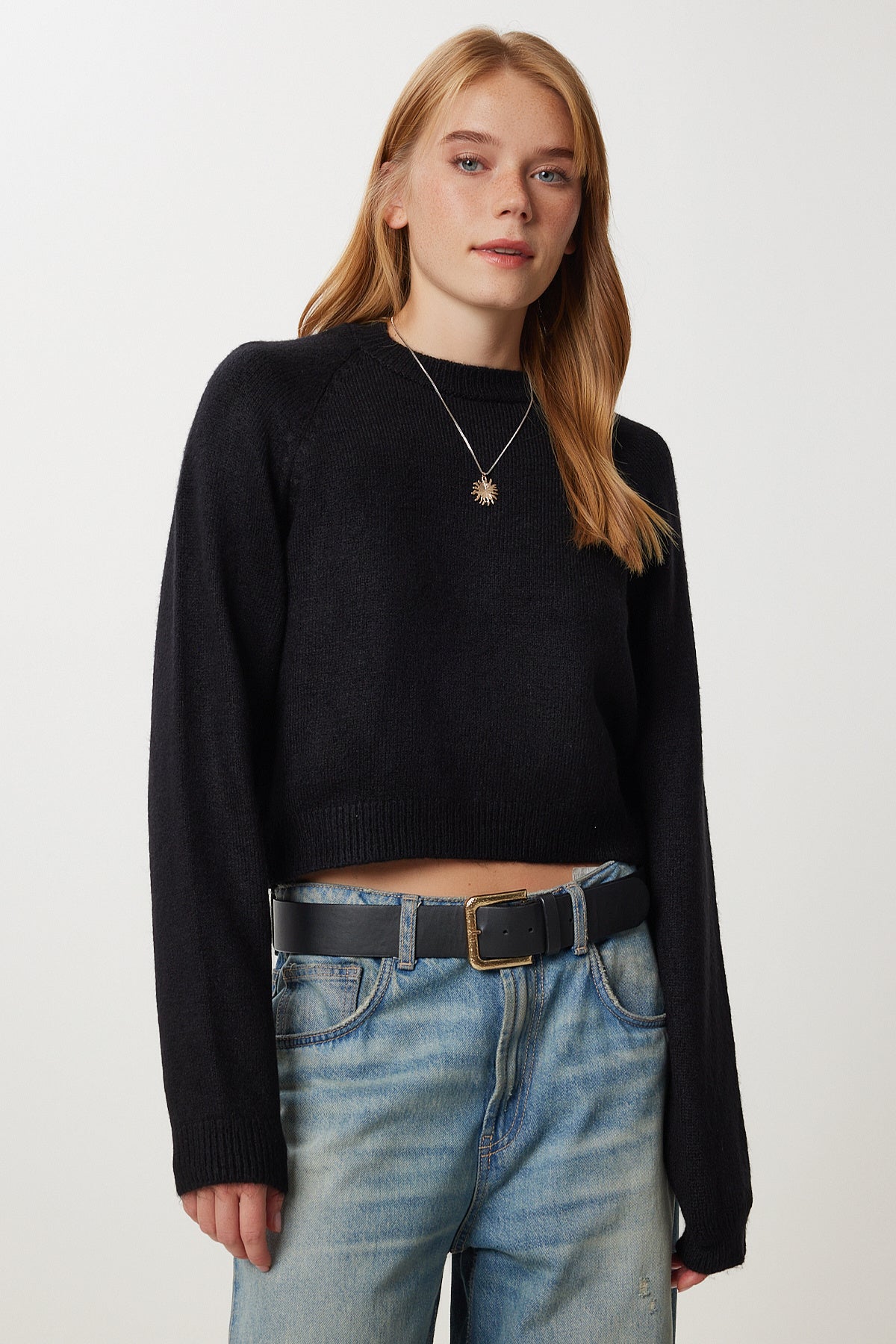 Siyah Basic Crop Triko Kazak Kİ00149