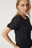 Siyah Güpür Kollu Pamuklu Basic Örme T-Shirt VF00001