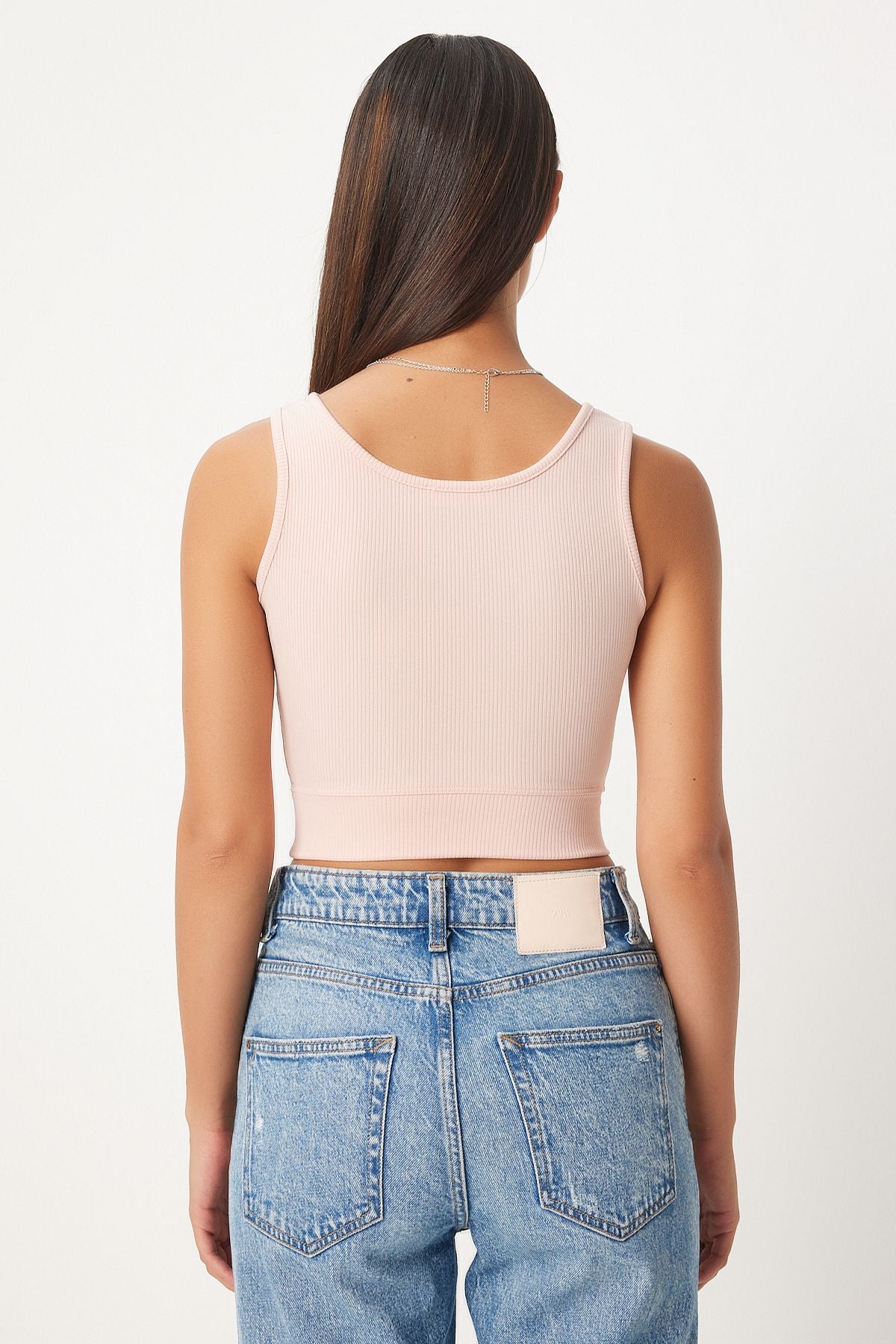 Açık Pudra Kare Yaka Askılı Fitilli Crop Bluz BF00058