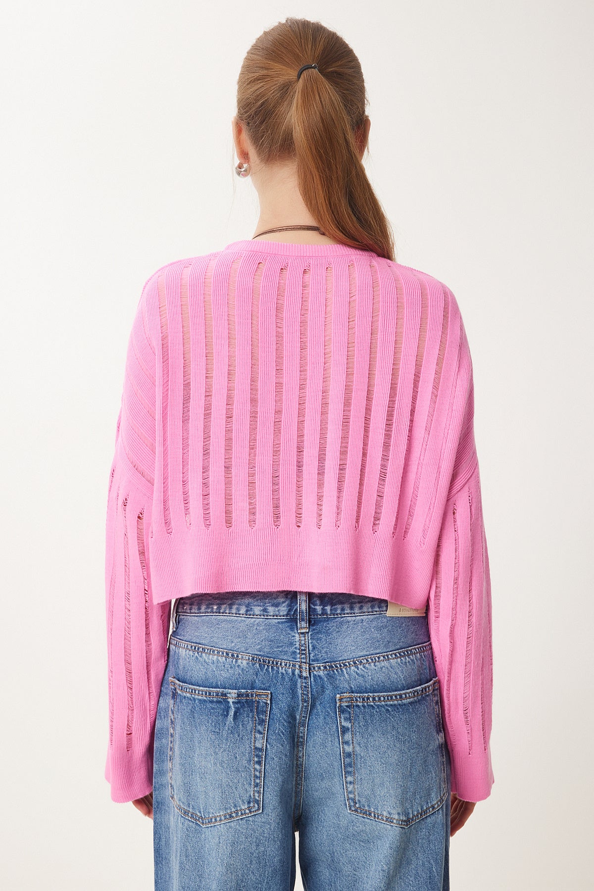 Açık Pembe Ajurlu Crop Triko Kazak MT00147