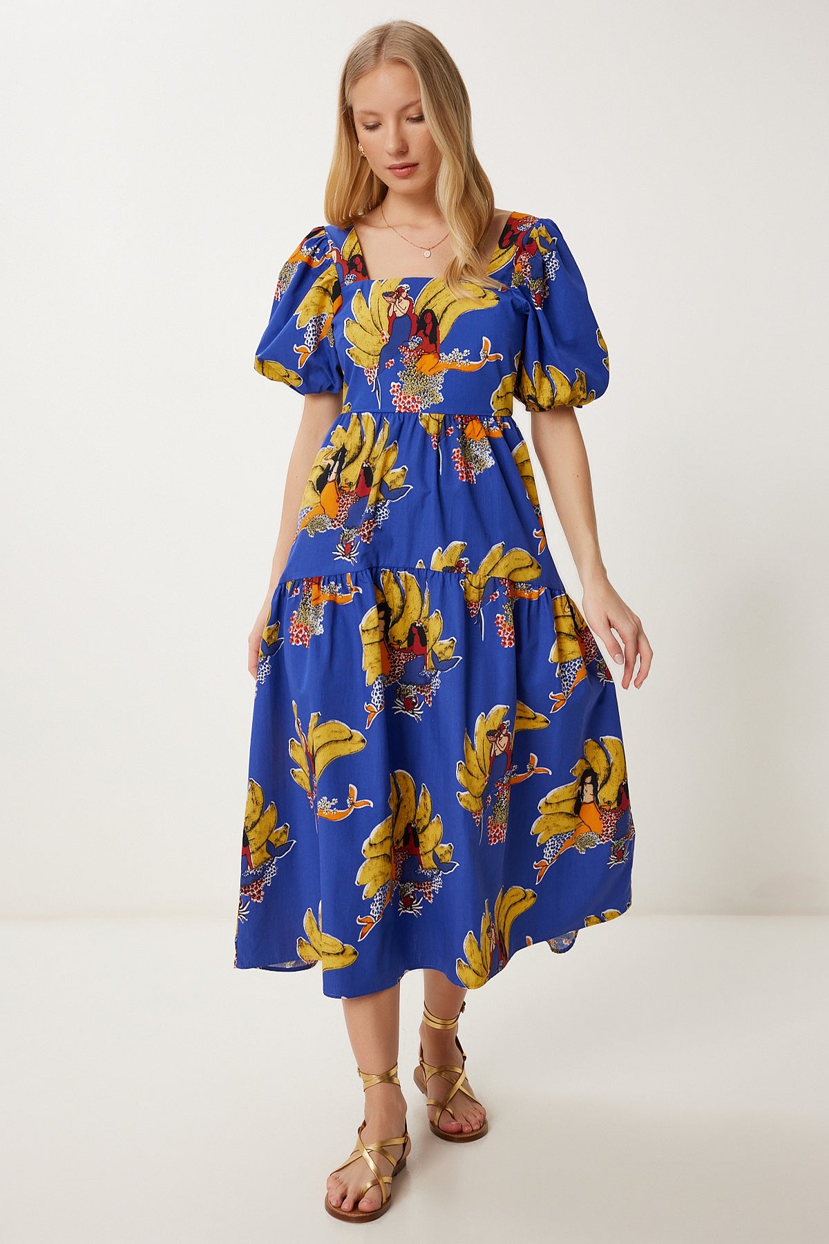 Mor Sarı Desenli Yazlık Midi Poplin Elbise FK00017