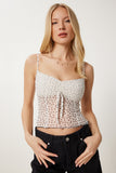 Krem Puantiyeli Askılı Crop Tül Bluz UB00392