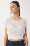 Beyaz Ajurlu Yazlık Crop Triko Bluz ZA00076