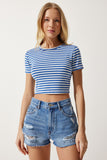 Mavi Çizgili Crop Örme T-Shirt NJ00139