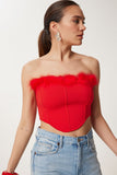 Kırmızı Tüy Detaylı Esnek Crop Büstiyer NS00428