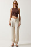 Krem Nakış Detaylı Müslin Pantolon SF00019