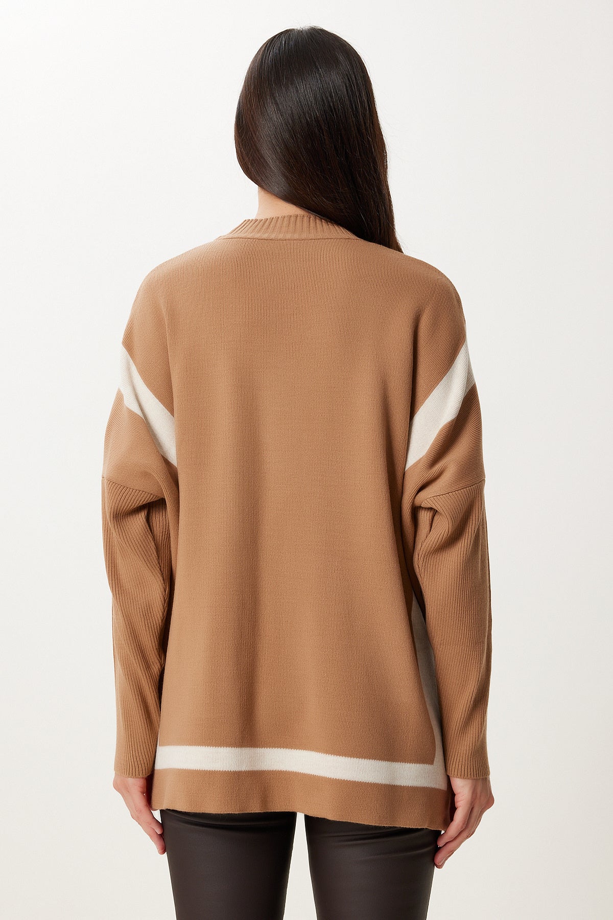 Camel Leopar Cepli Kontrast Renkli Triko Kazak YY00258
