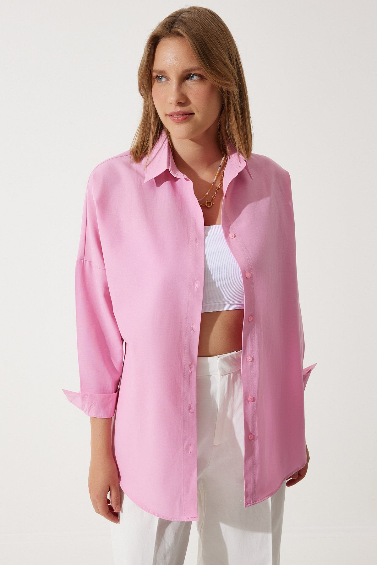 Pembe Oversize Uzun Basic Gömlek  DD00842
