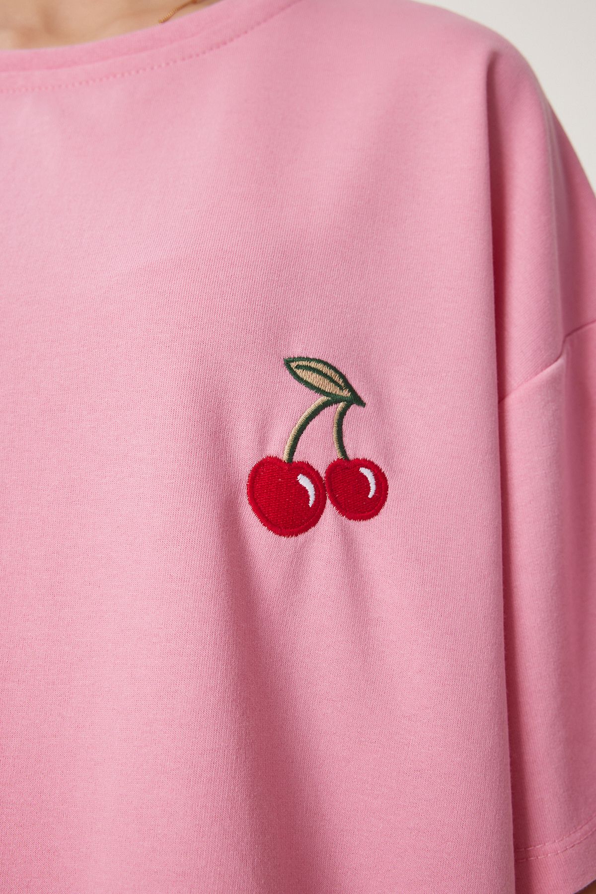Pembe Oversize Nakışlı Örme T-Shirt ZV00276