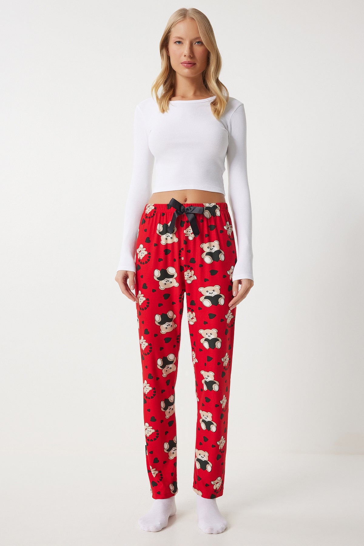 Kırmızı Desenli Yumuşak Dokulu Örme Pijama Altı EC00047