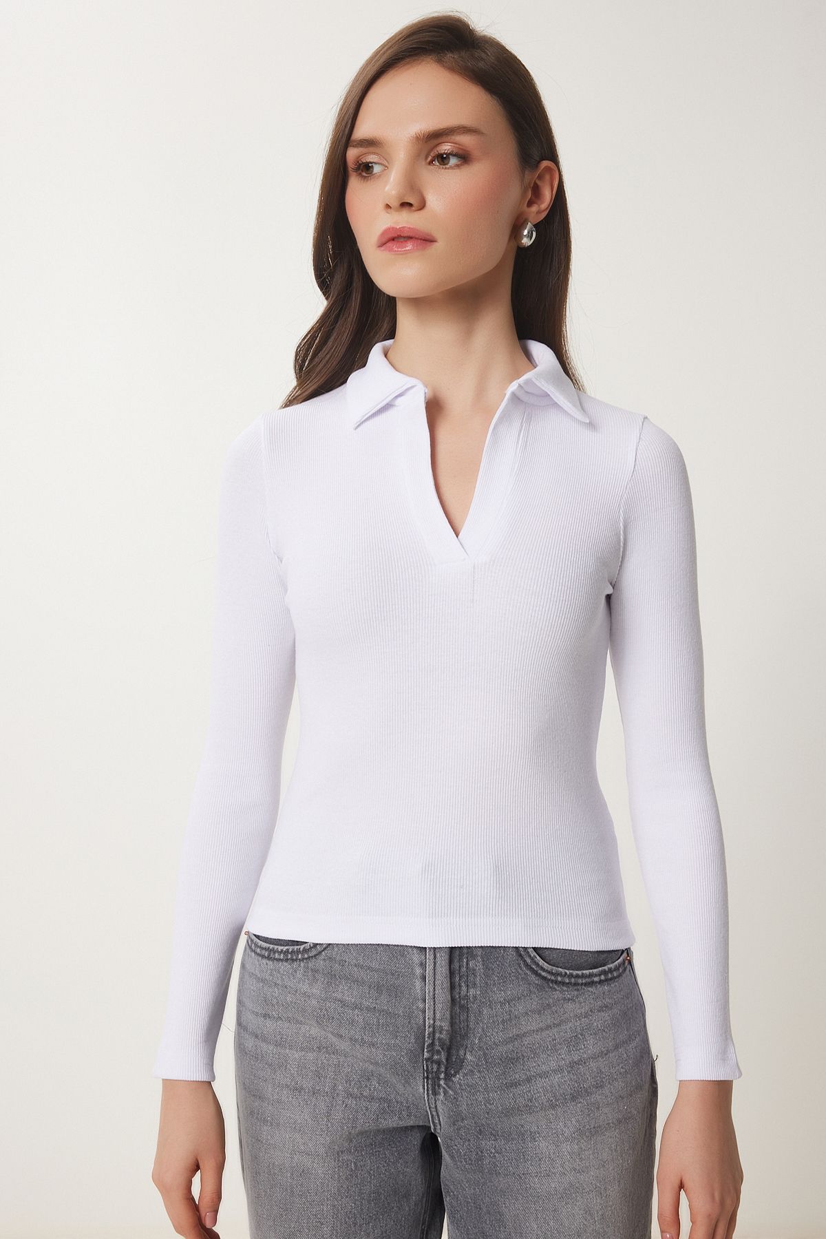 Beyaz Polo Yaka Fitilli Örme Bluz GT00111