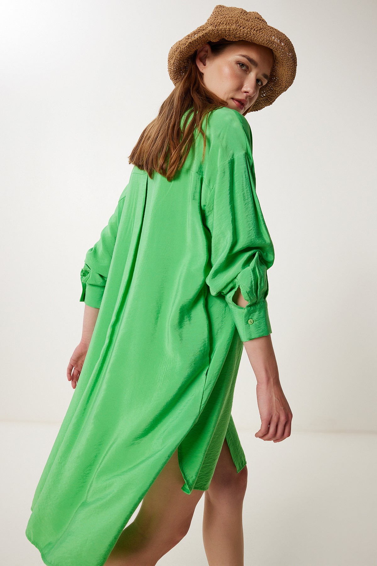 Yeşil Oversize Midi Ayrobin Gömlek Elbise WF00106
