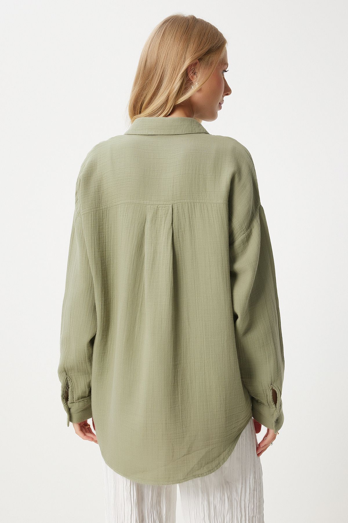 Çağla Yeşili Oversize Basic Müslin Gömlek  MX00150