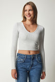 Gri V Yaka Crop Örme Bluz UB00201