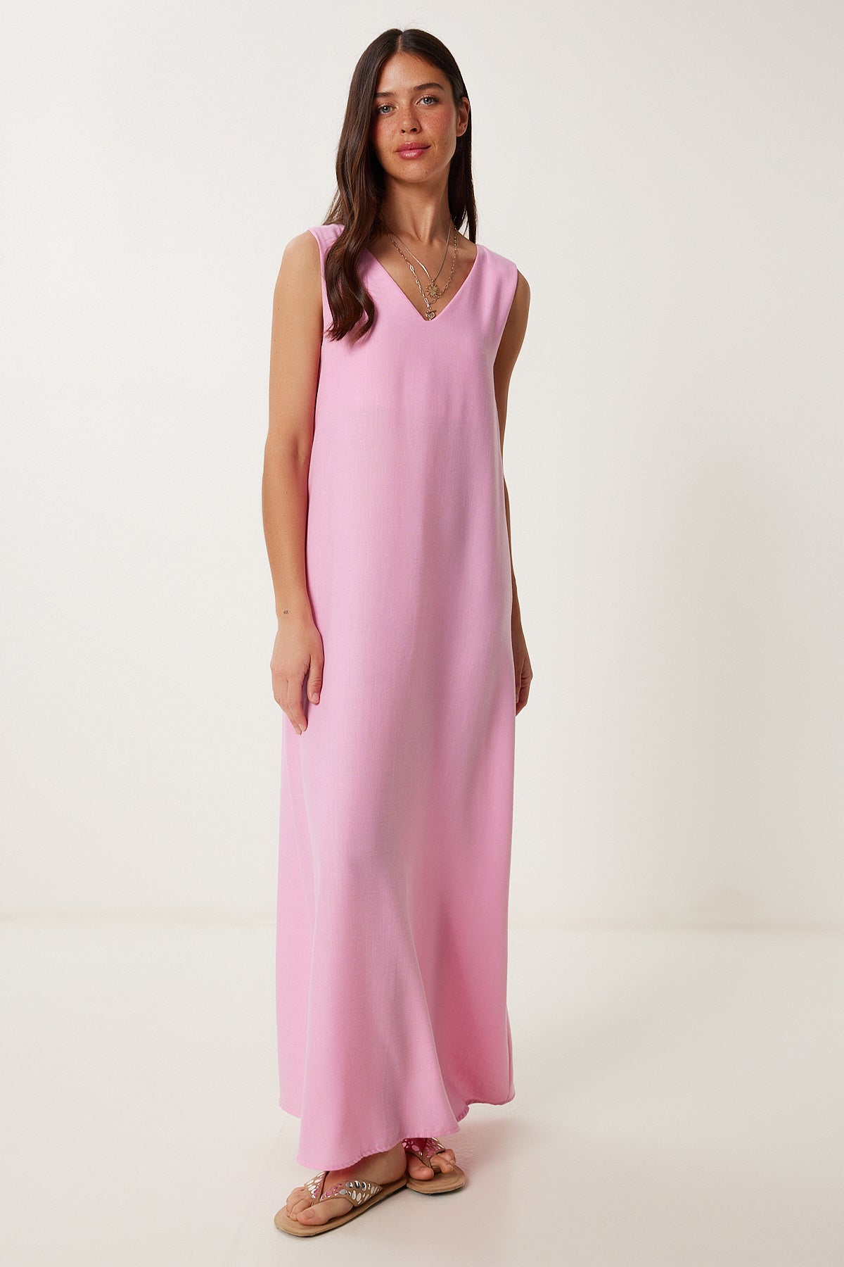 Pembe Kolsuz Basic Yazlık Keten Elbise DZ00128