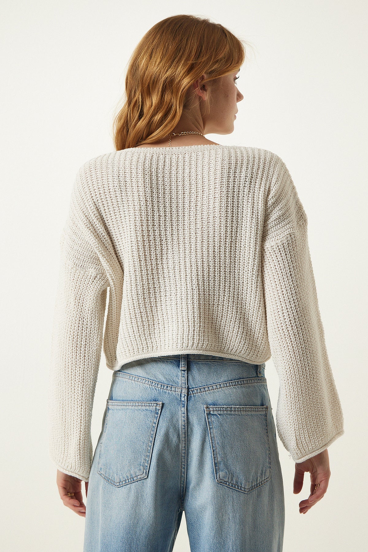 Krem V Yaka Mevsimlik Crop Triko Hırka MC00255