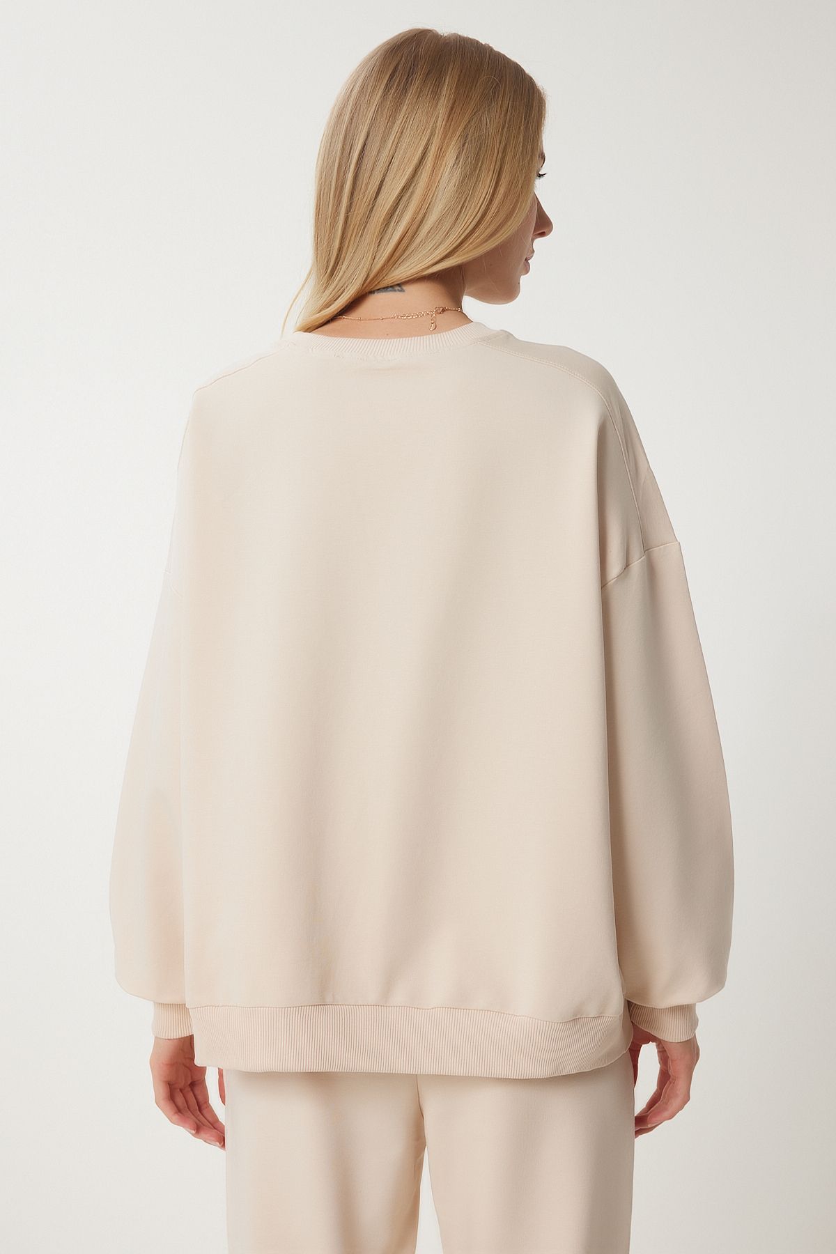 Krem Bisiklet Yaka Oversize Örme Eşofman Takımı FN03456