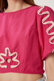 Koyu Pembe Balon Kollu İşlemeli Crop Poplin Bluz TP00082