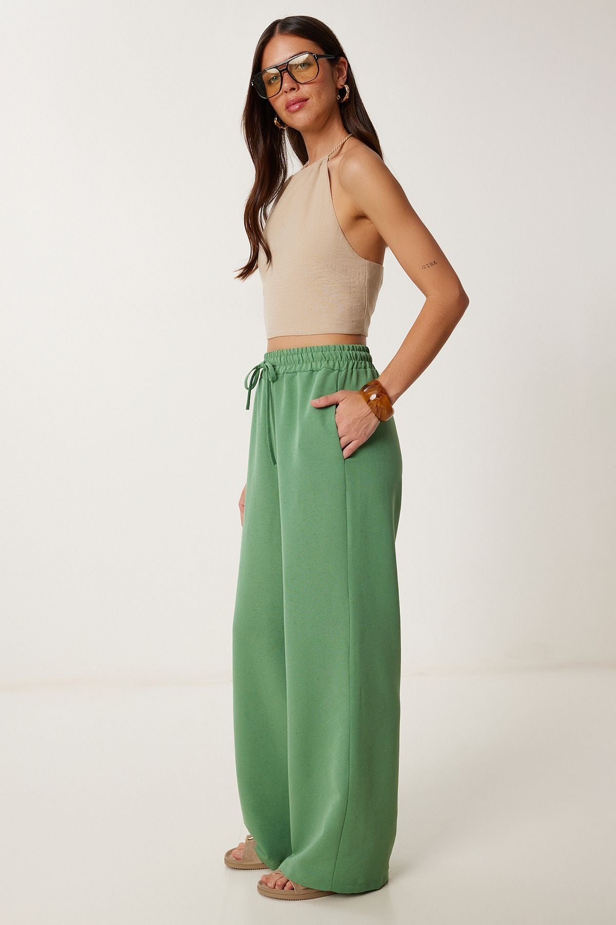 Çağla Yeşili Geniş Paça Keten Pantolon DP00261