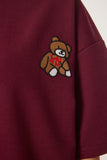 Bordo Ayıcık İşlemeli Oversize Örme T-Shirt ZV00286