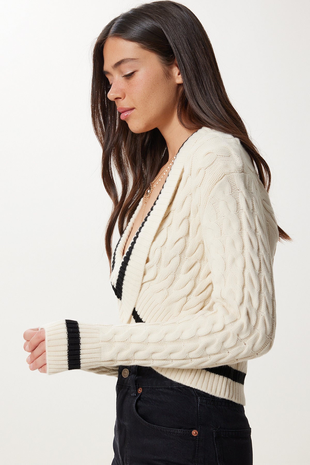 Krem Kontrast Renkli Crop Triko Kazak RW00007