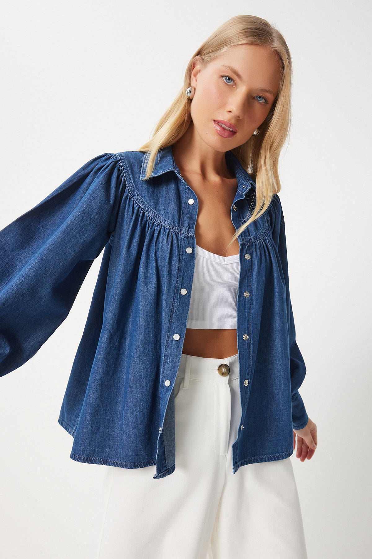 Koyu Mavi Balon Kollu Denim Gömlek RH00030