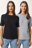Siyah Gri Melanj 2'Li Paket Pamuklu Basic Örme T-Shirt AG00002