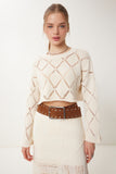 Krem İspanyol Kol Ajurlu Crop Triko Kazak DM00105